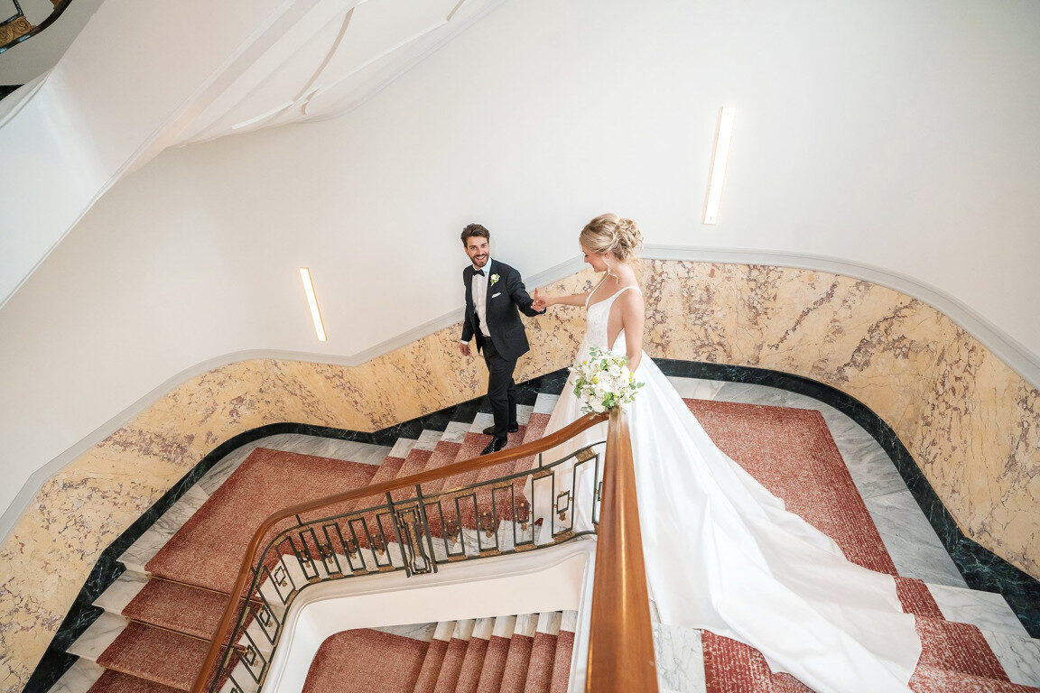 Alarwool - custom woven carpets - mandarin oriental luzern molzn wedding couple staircase